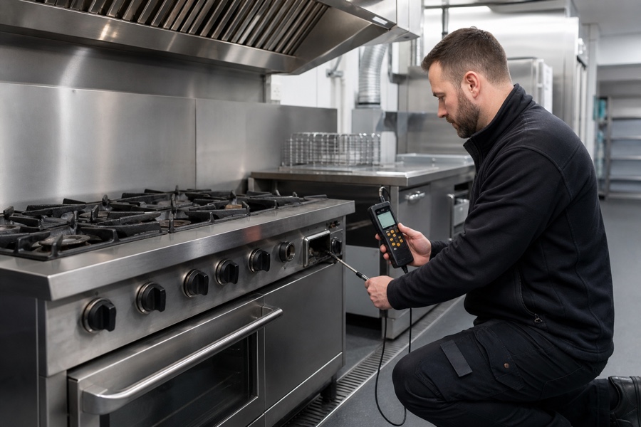 Engineer carrying out a commercial gas safety inspection on catering equipment