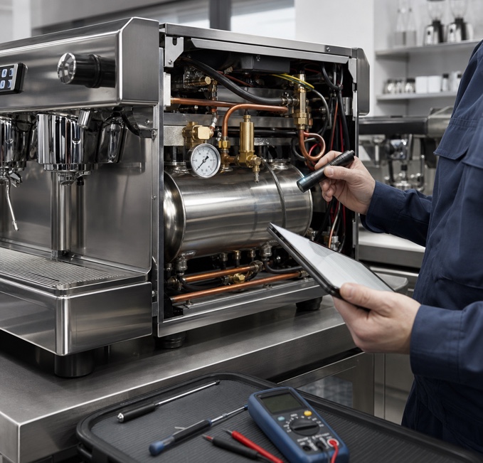 Engineer inspecting the pressure boiler inside a commercial coffee machine